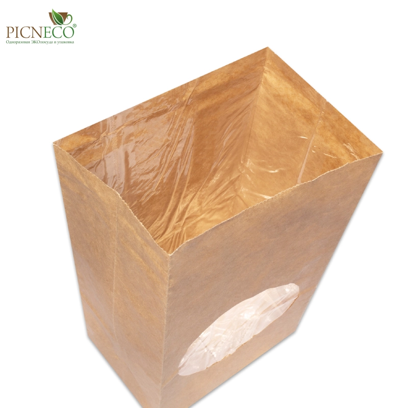 товар Крафт пакет с окном 50 мм, ламинированный, прямоугольное дно, 80*50*170 мм KPRL08